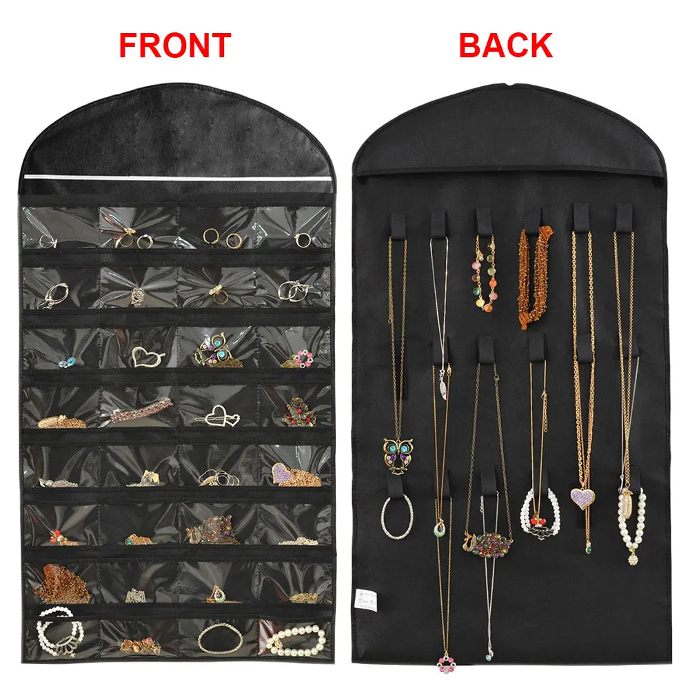 

Hanging Bag Decorative Display Jewelry Organizers Double-sided Holder Necklace Storage Wall Bracelet 32 Pockets Magic Sticker