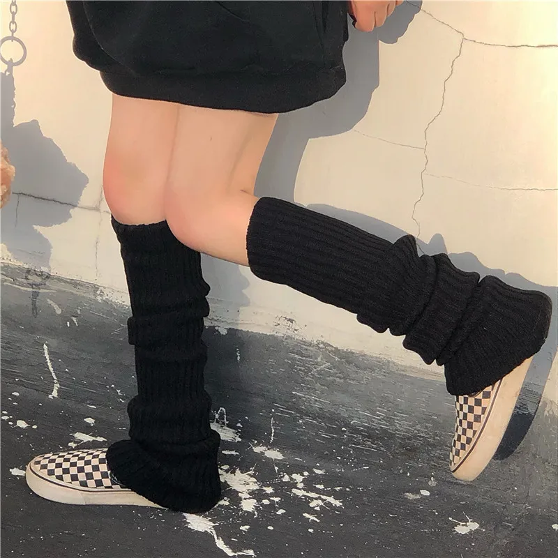 

Punk Solid Black Cool Knit Long Socks Women Outdoor Knee High Elastic Leg Warmers 2021 Lady Warm Slim Gothic Hip-hop Rock Sock