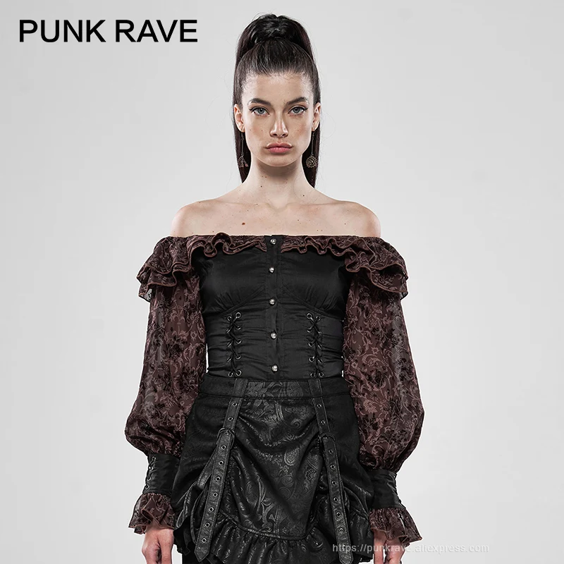 

PUNK RAVE Women's Steampunk Magic Painted Shirts Shuttle Jacquard Retro Chiffon Long Sleeve Sexy Off Shouder Blouse Women