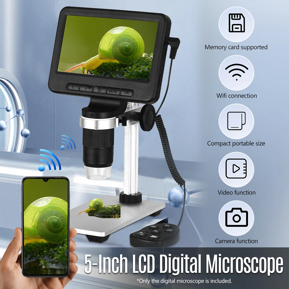 

KKmoon Wireless USB Microscope Camera 5" LCD Digital Microscope with 500-1000X Magnification 1080P Video 8 Adjustable LED Lights