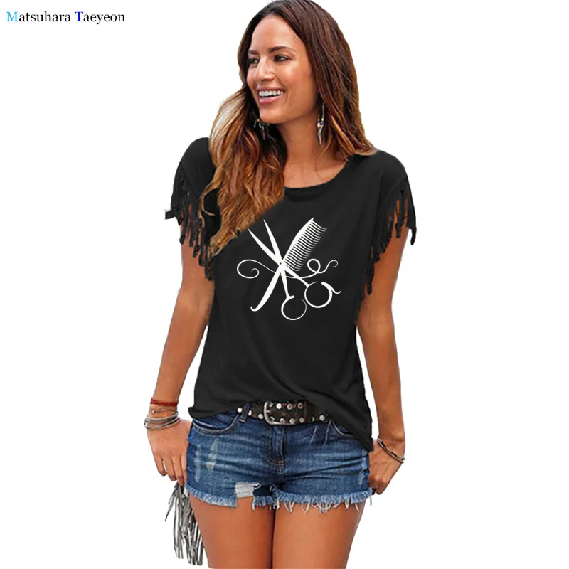 

High Quality Hair Salon Stylist Hairdresser Barber Print T Shirts Women Summer Cotton T-shirt Tassels Tops Female Teeshirts