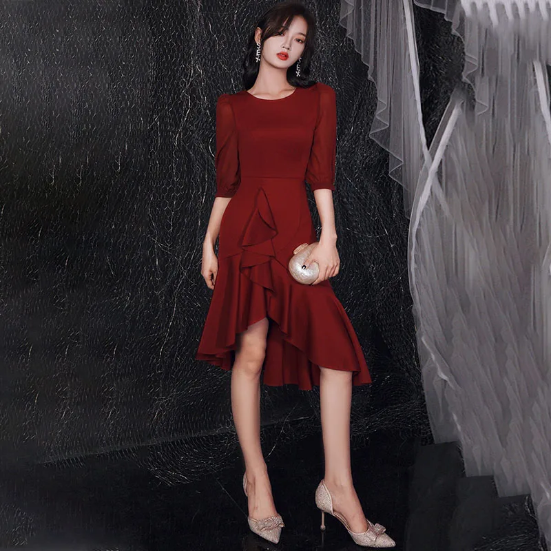 

Burgundy Simple O-Neck Prom Dress Empire Half Sleeves Ruched Knee-Length Fashion Mermaid Plus size Women Formal Party Gown C481