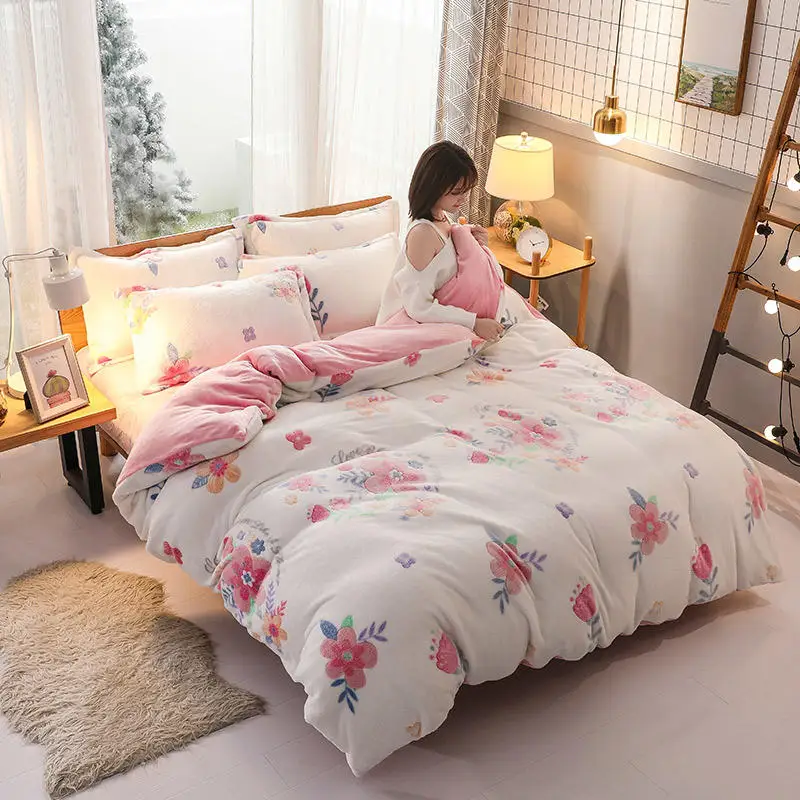 Flannel Bedding Set peony flower Bed Snow white Duvet Cover Sheet Pillowcases Twin Queen King size bed | Дом и сад