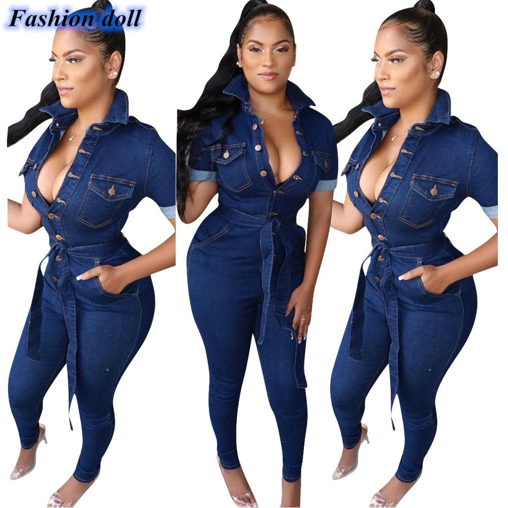 Женский комбинезон с коротким рукавом облегающий однотонный джинсовый для офиса