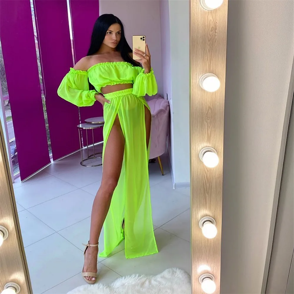 

6 Color Sexy Women Cover-Ups Two-piece Suit Off Shoulder Long Sleeve Tops Cover Up Skirt Swimming Travelling Beach Vacation 2021