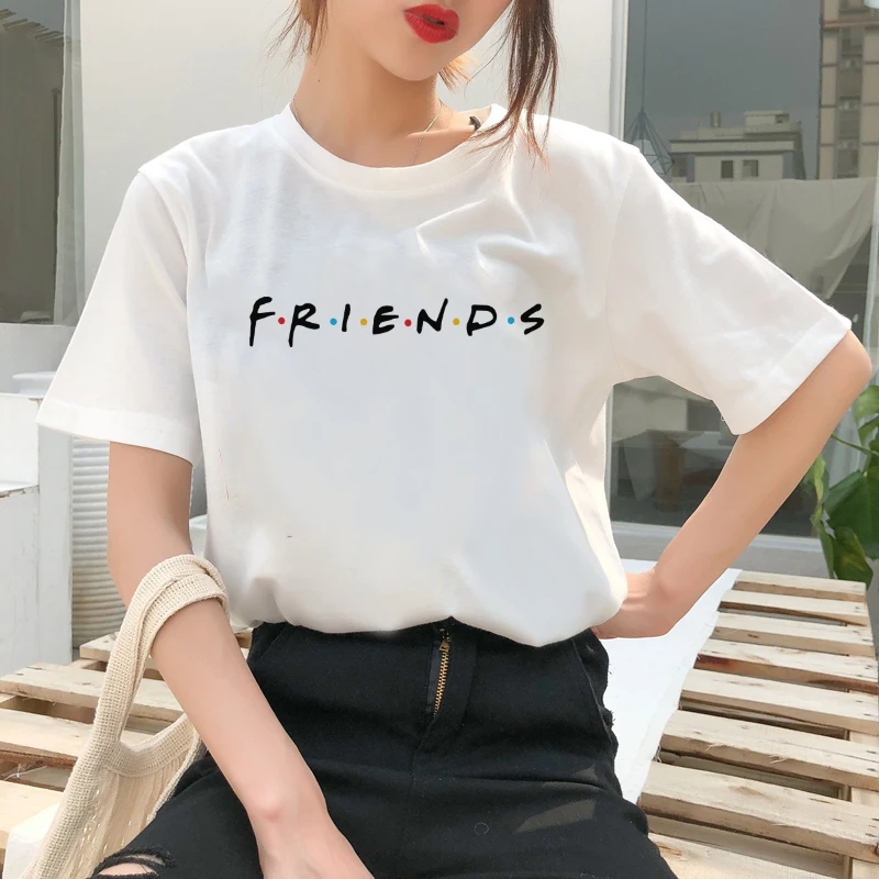 

Summer Women Short Sleeve Leisure Top Tee Friends Letters Printing Black T Shirt Casual Ladies Female T Shirts