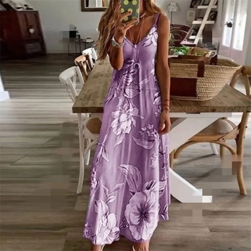 Women Halter V Neck Boho Dress Summer Sleeveless Floral Printed Long Beachwear Sundress 2020 Fashion Plus Size S-3XL | Женская одежда