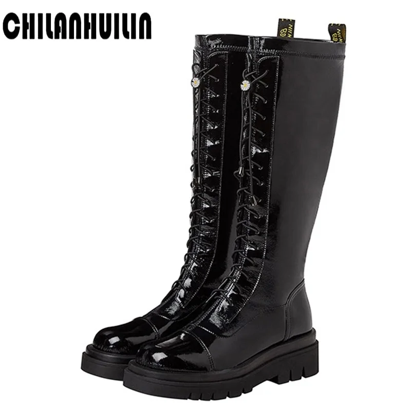

chunky platform leather knee high boots for women retro punk classic cross strap black long boots woman lace up booties mujer