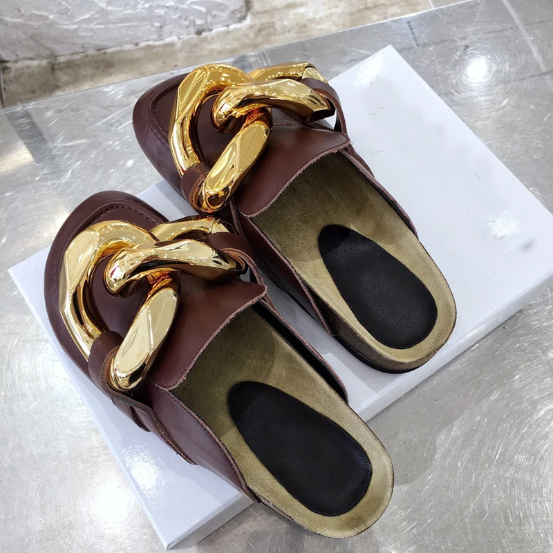 

Leather Metal Color Plastic Chain Decoration Loafers Muller Shoes Cowhide Solid Color Flat Platform Trendy Women's Casual Shoes