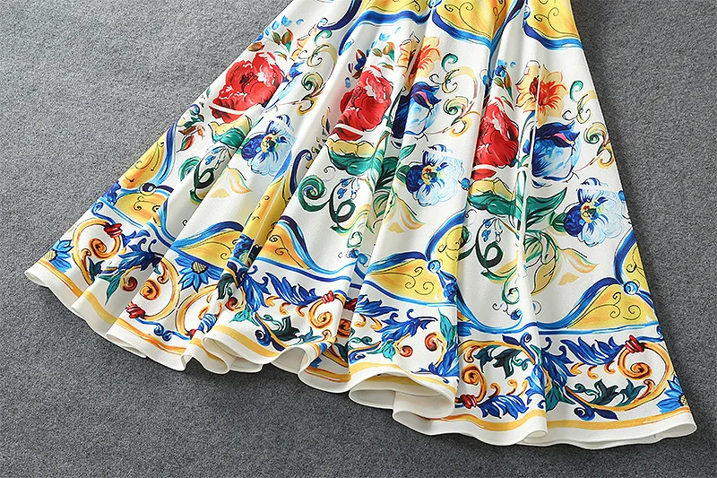 

Italy style retro buttons summer runway floral print vintage Fashion A-line sleeveless dress D262