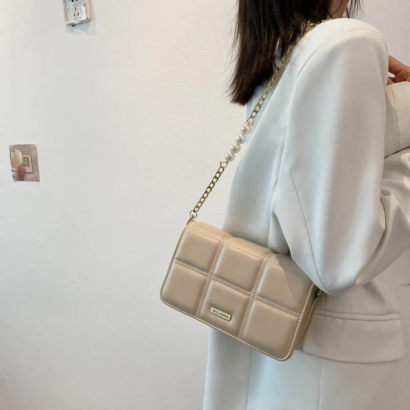 

popular small bag female 2021 summer new fashion square embroidered thread small bag pearl chain bag