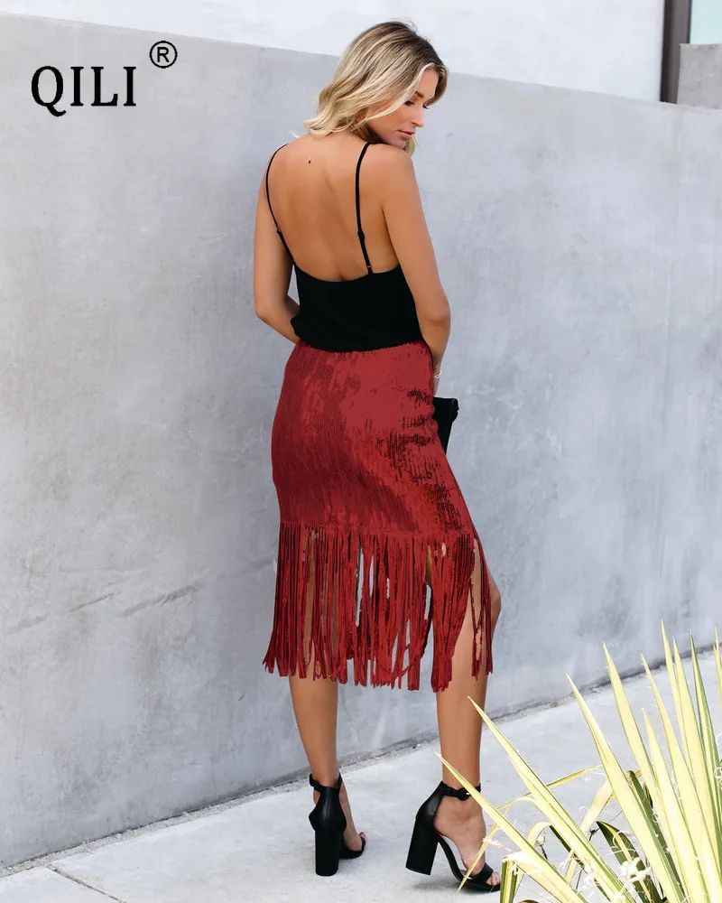 QILI Женская юбка карандаш с блестками и кисточками натуральная Талия боковая