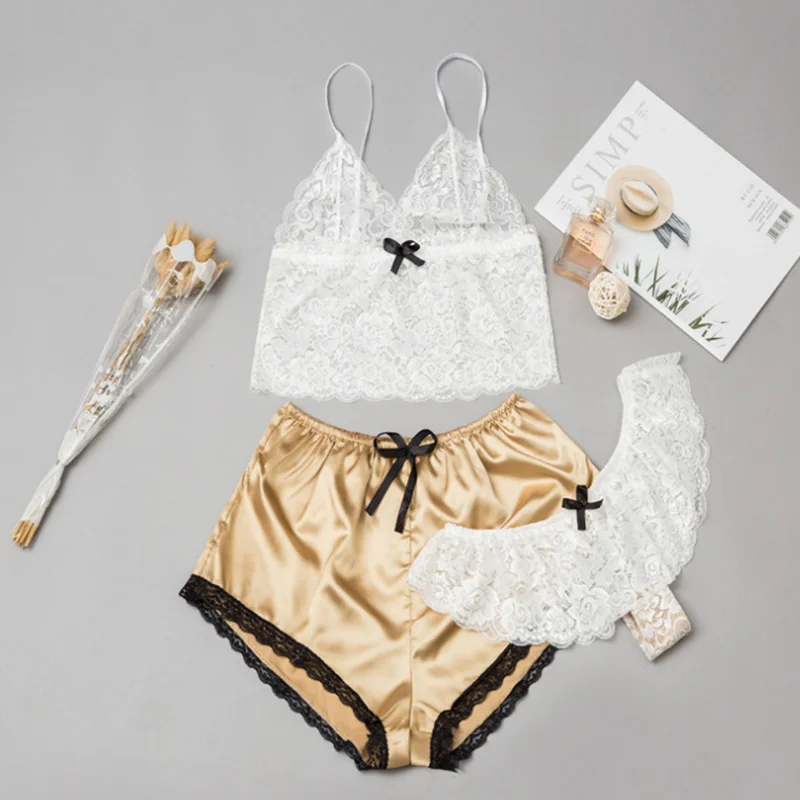 

Women's Lace Cami Top and Shorts with Panties 3 Piece Set Sexy Lingerie Pajama Sleepwear