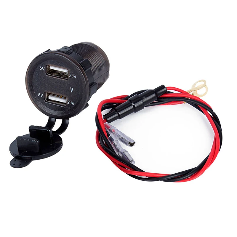 

Charger Cigarette Lighter Dual USB Socket With Voltmeter& Wire In-line 10A Fuse For 12-24V 2.1A Car Boat Motorcycle Accessories