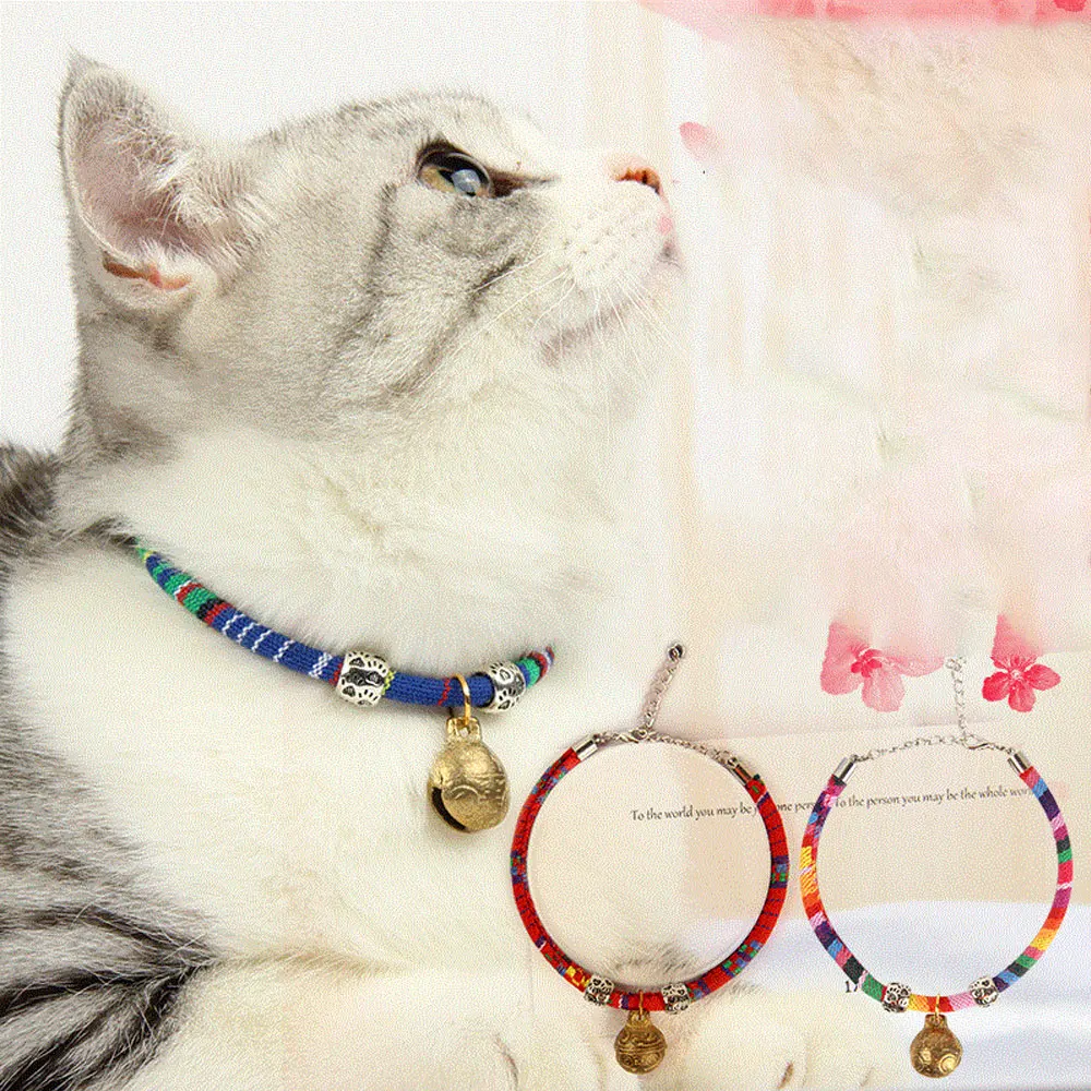 

Ошейник для кошек, регулируемый Медный ошейник ручной работы с колокольчиком в национальном стиле, ошейник для кошек Тедди, модный простой ...