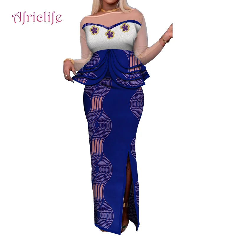 Сексуальная Женская юбка костюм тонкий шифон кружево пэчворк длинный рукав