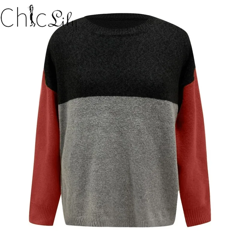 

Chiclily Contrast Color Knitted Sweater Striped Pullovers Oversize Round Neck Long Sleeve Winter Clothes for Women Street Style