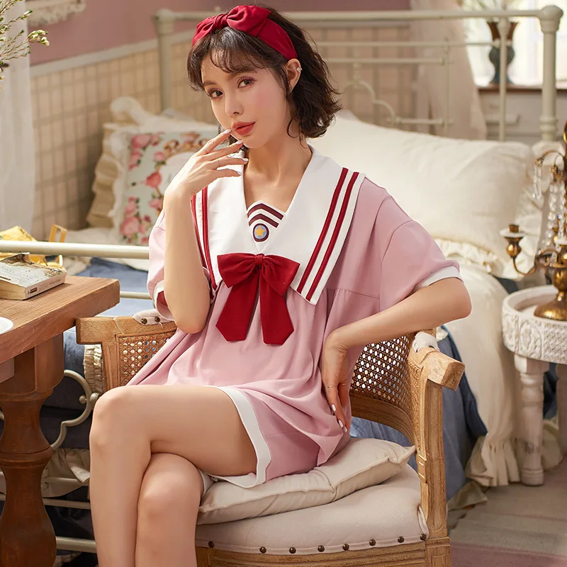 

Summer College Style Women's Cotton Short Sleeve Pajamas Sets Navy Collar Bow Sailor Moon Sleepwear Sweet Lovely Girls Homewear