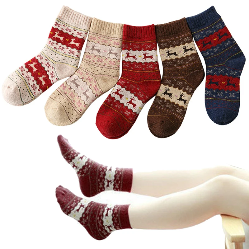 Women Girls Merry Christmas Socks Snowflake Deer Cotton Wool Winter Warm Female Sock Xmas Gifts | Женская одежда