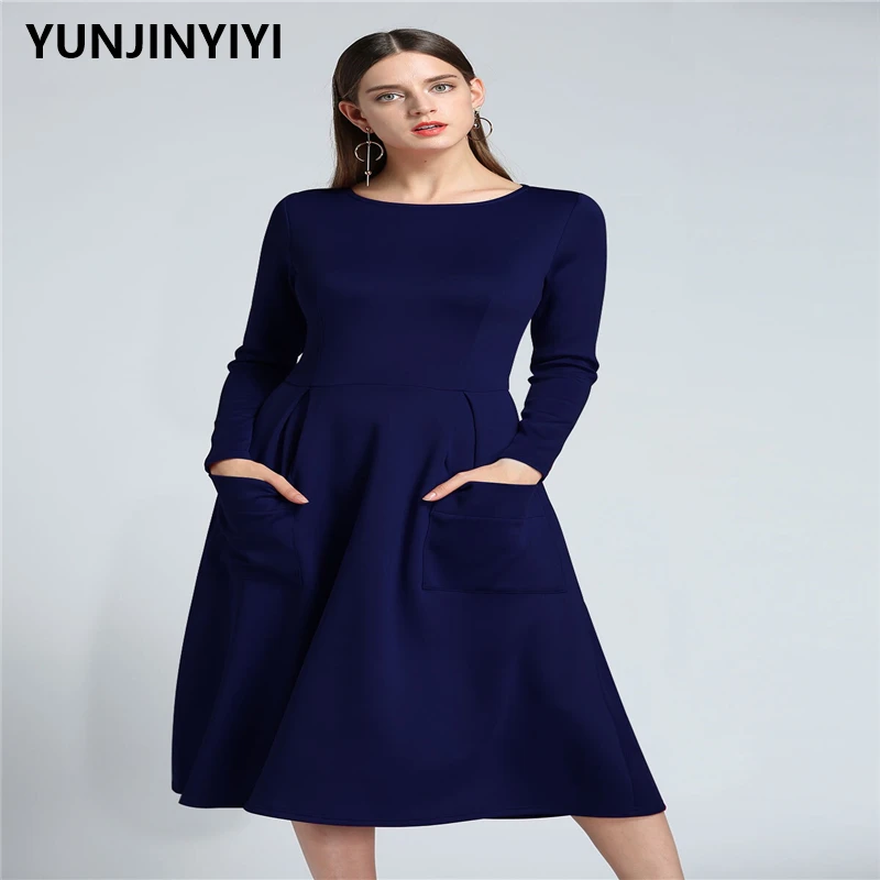 Женское осенне-зимнее платье однотонное свободное офисное винтажное модное