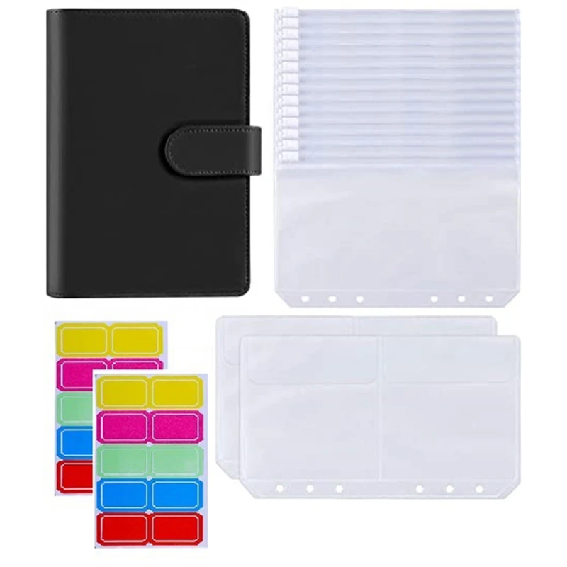 

18Pcs A6 PU Leather Binder Cover with 6 Ring Binder Pockets Envelopes for Cash Budget System Documents Cards