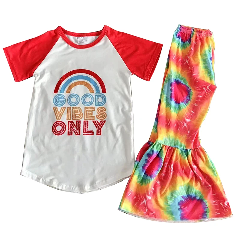 

High quality new summer baby girl's two pieces milk silk red Raglan short sleeves with tie dyed flared pants20