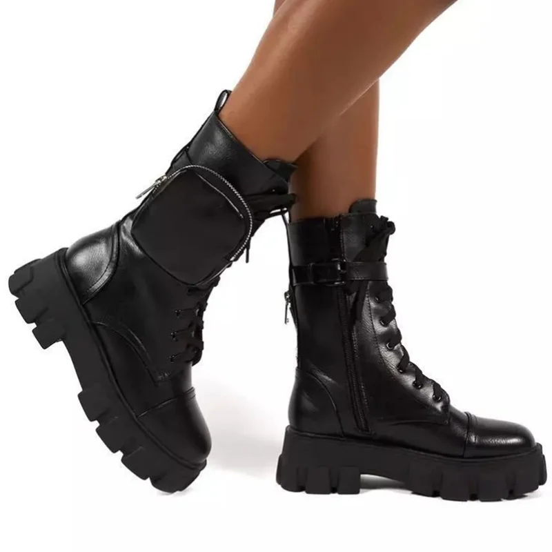 

Winter Fashion Motorcycle Boots Wedges Flat Boots Woman High Heel Platform Leather Boots Lace Up Women Shoes Black Botas Mujer