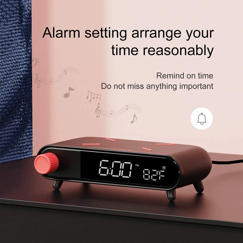 

Alarm Clock with Wireless Charging, Digital Electric Clock, Indoor Thermometer, Calendar, Time for Kids Bedroom