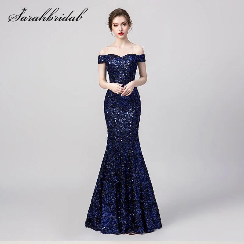 Royal Blue Блестящее Королевское синее свадебное платье с блестками для гостей, Длинные вечерние платья подружки невесты с открытыми плечами для женщин, vestido de festa Longo 5397 - Цвет: Royal Blue