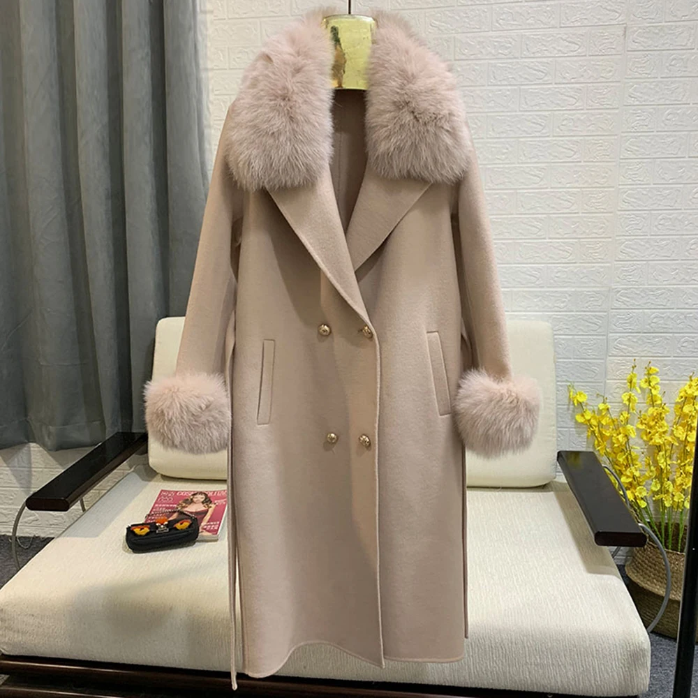 JAZZEVAR 2020  winter Coat Elegant Women Real Natural Fox Fur Jacket socialite Cashmere double faced Wool Outerwear Ladies coats enlarge