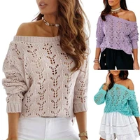uk womens one shoulder knitted hollow sweater baggy casual jumper pullover tops