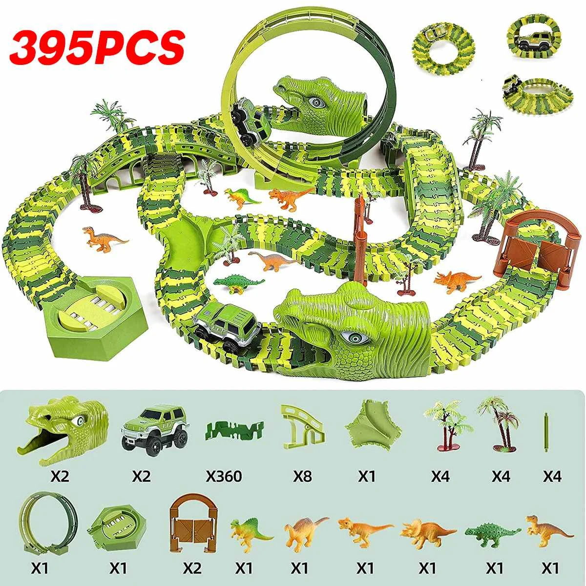 

153Pcs/395Pcs Dinosaur Electric Rail Car Track Racing Toy Set Bend Flexible Race Track Educational Toys for Kids Dinosaur Gifts