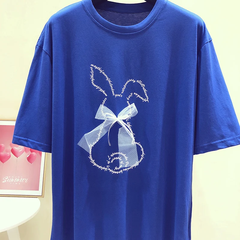 

2021 Summer Clothing New Cartoon Rabbit Print Bow Decoration Round Neck Pullover Short-Sleeve Blue T-shirt Women's Loose Top