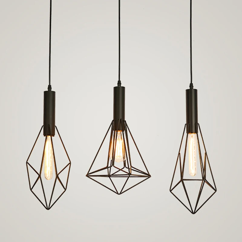 Винтажный железный подвесной светильник E27 с алмазной клеткой для гостиной лофт