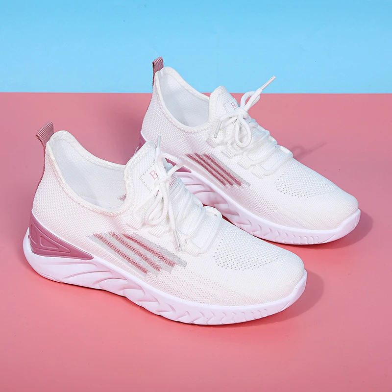 

2021 Summer New Flying Woven Sports Shoes Lace Lace Breathable Comfortable Running Shoes White Shoes Women's Shoes