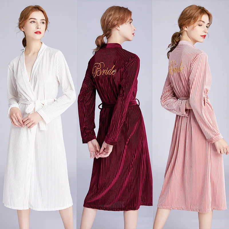 

Bride Velour Embroidery Robe Winter Bridesmaid Women Sleep Kimono Night Sleepwear Casual Pajamas Home Wear Nightwear Bath Gown
