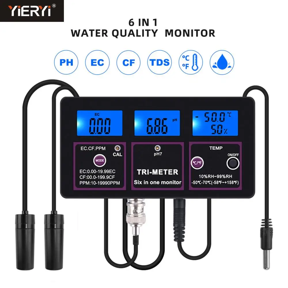 Yieryi Novo ph ce Tds cf rh Temperatura em Monitor de Qualidade da Água em Linha Medidor de ph Multi-parâmetro Piscinas Aquários Tester Medidores de PH