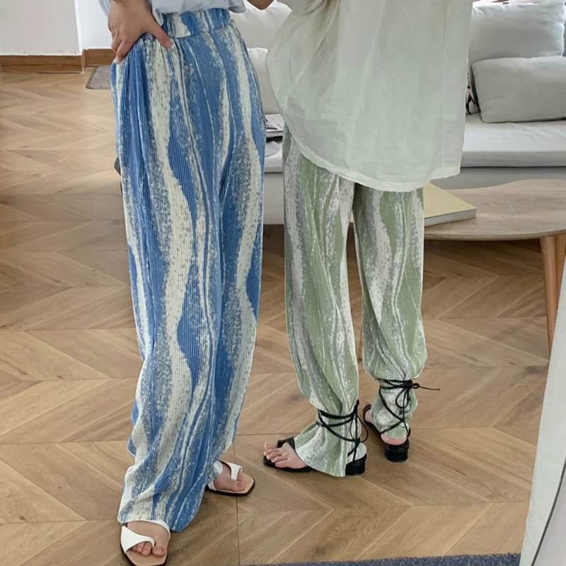 SHENGPALAE 2020 Summer New Rendered Color Stripe Pleated High Waist Was Thin Wide-leg Pants Trendy Women's Trousers QV1009 | Женская