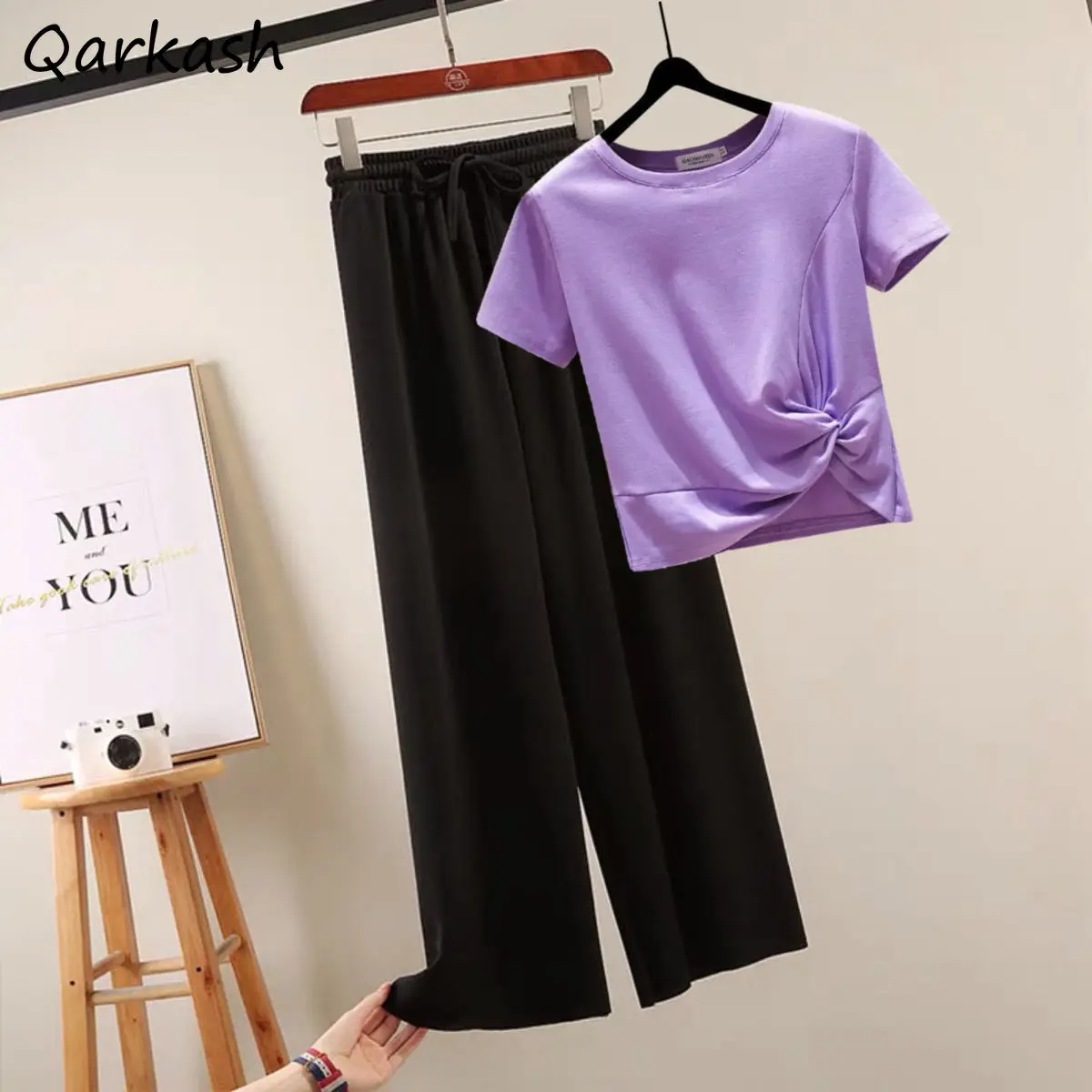 Sets Women Elegant 2 Piece Summer Pure Slim Daily Clothing Tops Chic Casual Street Style Straight High Waist Pants Cozy Female