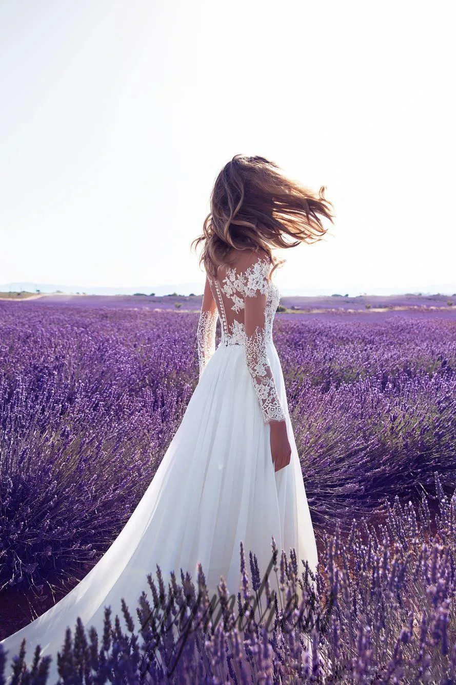 

Ladies long dress fairy long-sleeved bridal evening dress party long-sleeved see-through lace wedding dress split long skirt