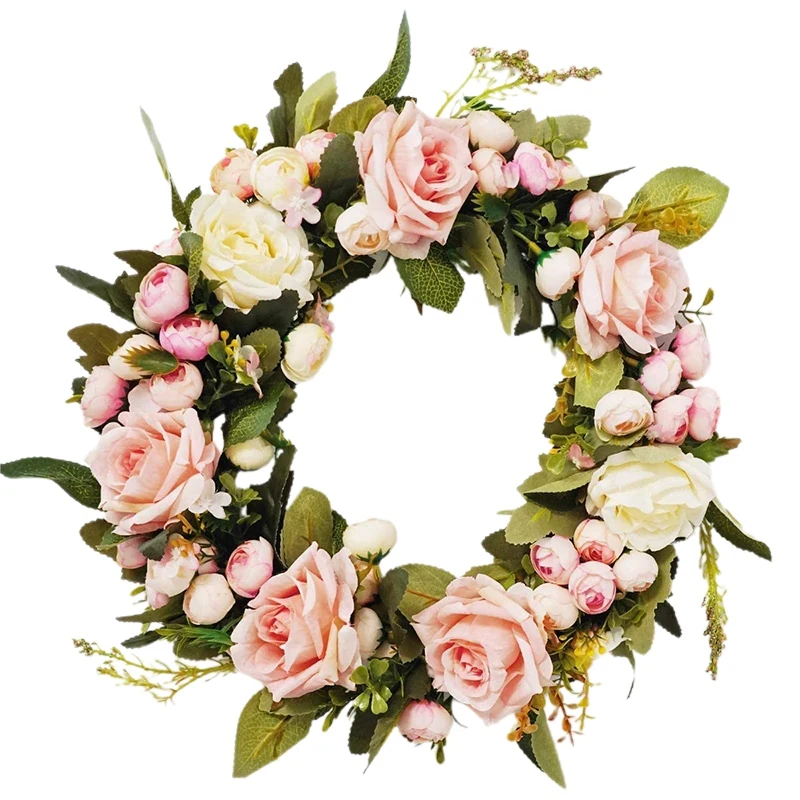 

13 Inch Pink Rose Wreath Floral Wreath Classic Handmade Flowers for Front Door Wall Wedding Party Christmas Home Decor