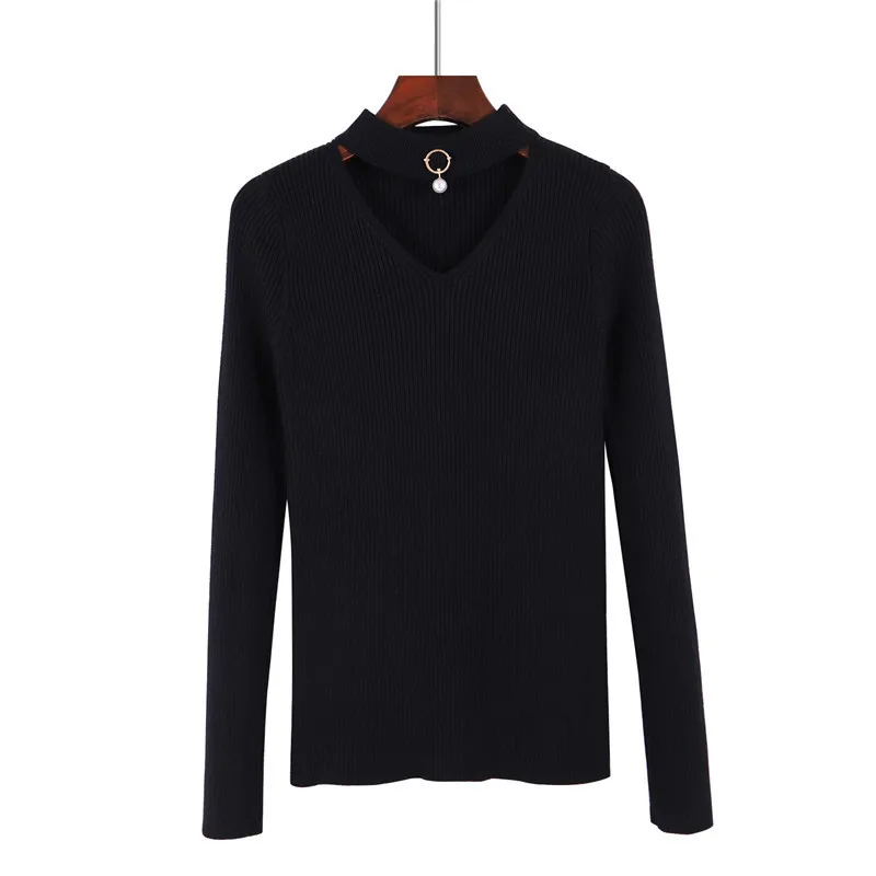 

2020 Fall New Fashion V Neck Pearl Halter Neck Slim Slimming Blouse Long Sleeved Knit Top Women Pure Color Pullover Sweater