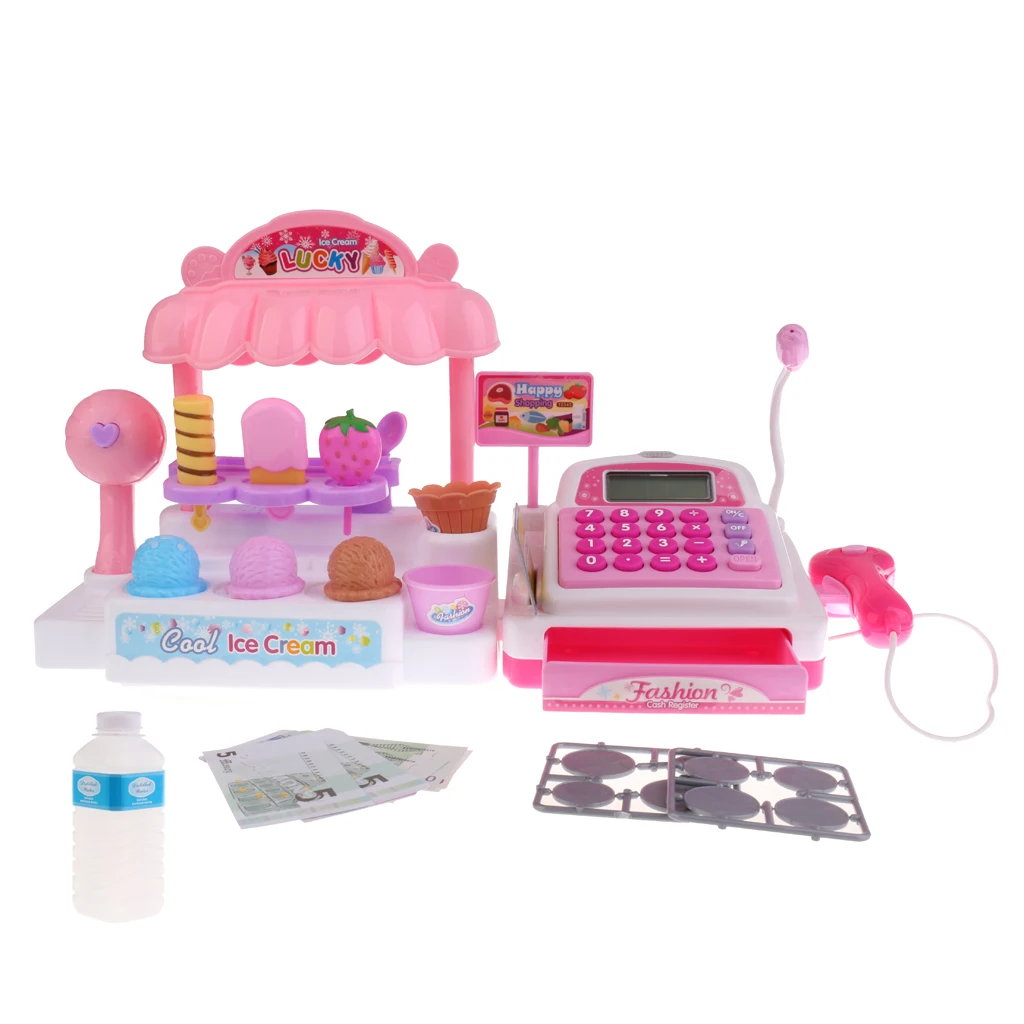 

Kids Pretend Toy Cash Register Play Set with Food, Scanner, Calculator, Ice Cream Store Role Playing Game