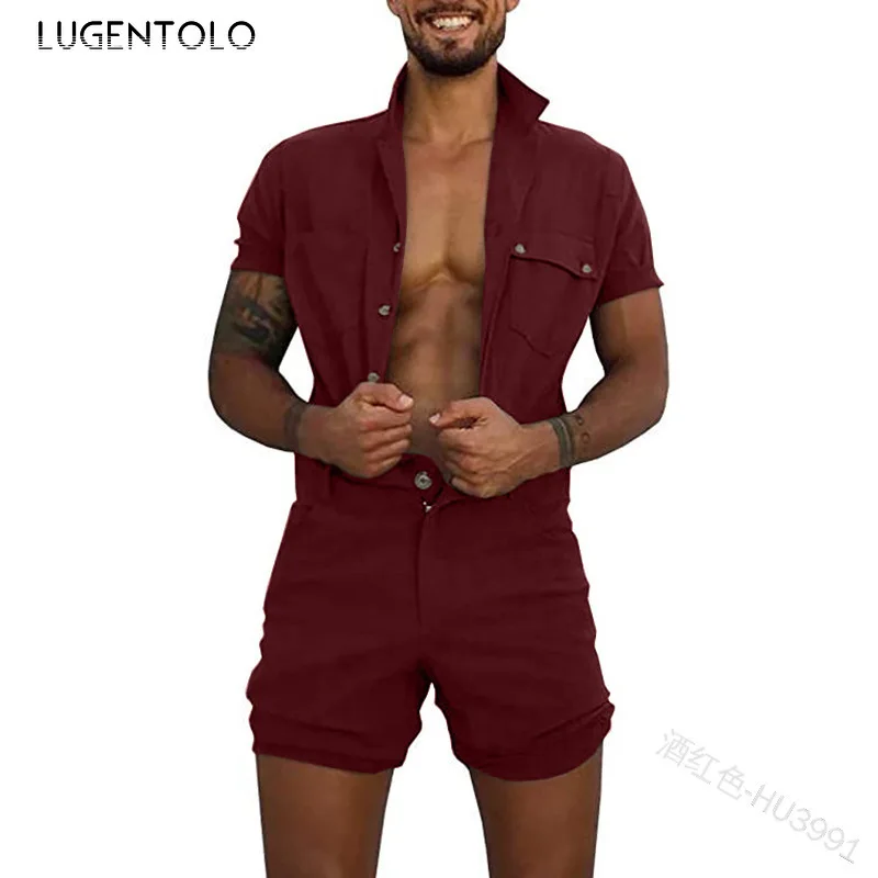 

Lugentolo Jumpsuit Men's Shorts Button Lapel Slim Tight Tops Short Sleeve Pocket Men's Casual Straight Shorts