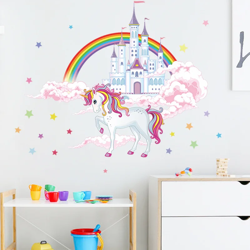 Stars Colorful Rainbow Pink Princess Castle Unicorn Wall Sticker For Girls Kids Bedroom Decor Vinyl Mural Decals | Дом и сад