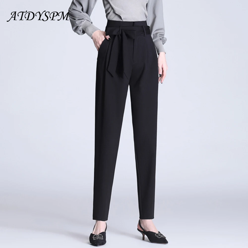 

Брюки-султанки женские прямые с завышенной талией, простые офисные Элегантные Свободные повседневные штаны с поясом, весна 2022