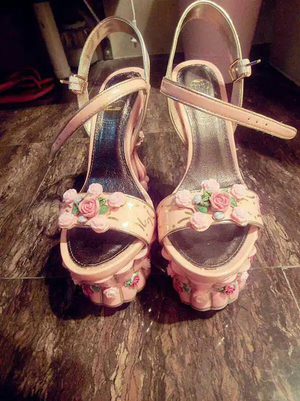 Sweet Pink Pumps Flower Slingback Cake Strange High Heel Female Shoes Ladies Hand Painted Custom Wedding Buckle Strap Sandals images - 6