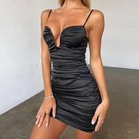 new double layer ruched dress for women solid sleeveless satin elastic sexy dress night club female deep v neck vestidos