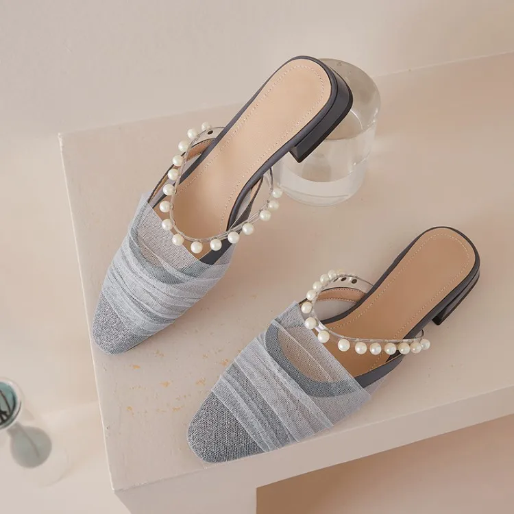 

Сабо женские, летние, бежевые, с жемчугом, тапочка на платформе