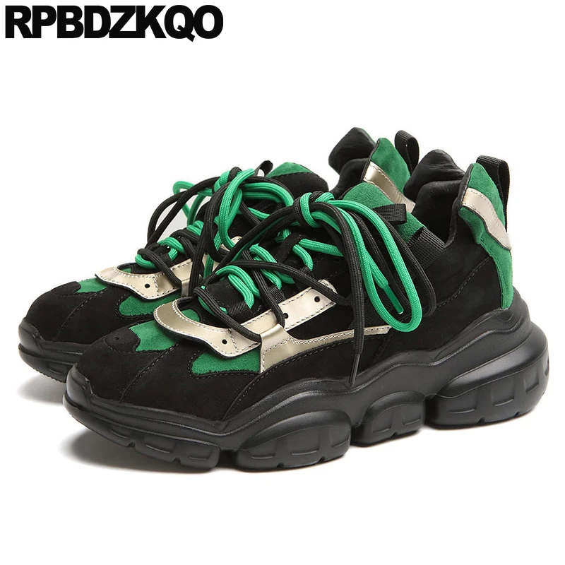 Женские замшевые кроссовки на платформе толстая подошва высокий каблук зеленые